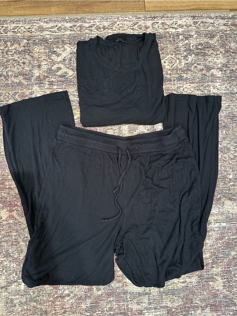 NUUDS ribbed Black Two-Piece Pajama Set - Tee & Drawstring Pants
